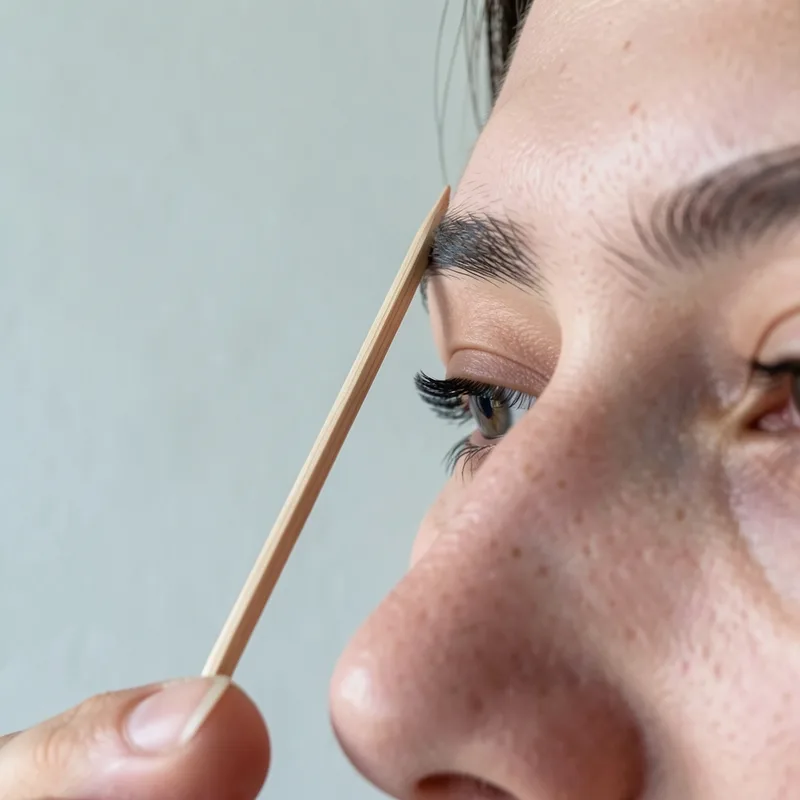 Repérage du tracé d&rsquo;un sourcil à l&rsquo;aide d&rsquo;une tige fine posée sur l&rsquo;aile du nez en cabine