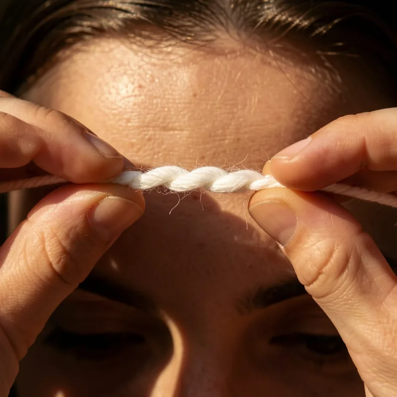 Fil de coton torsadé tendu entre deux mains au dessus d&rsquo;un sourcil, gros plan, lumière douce