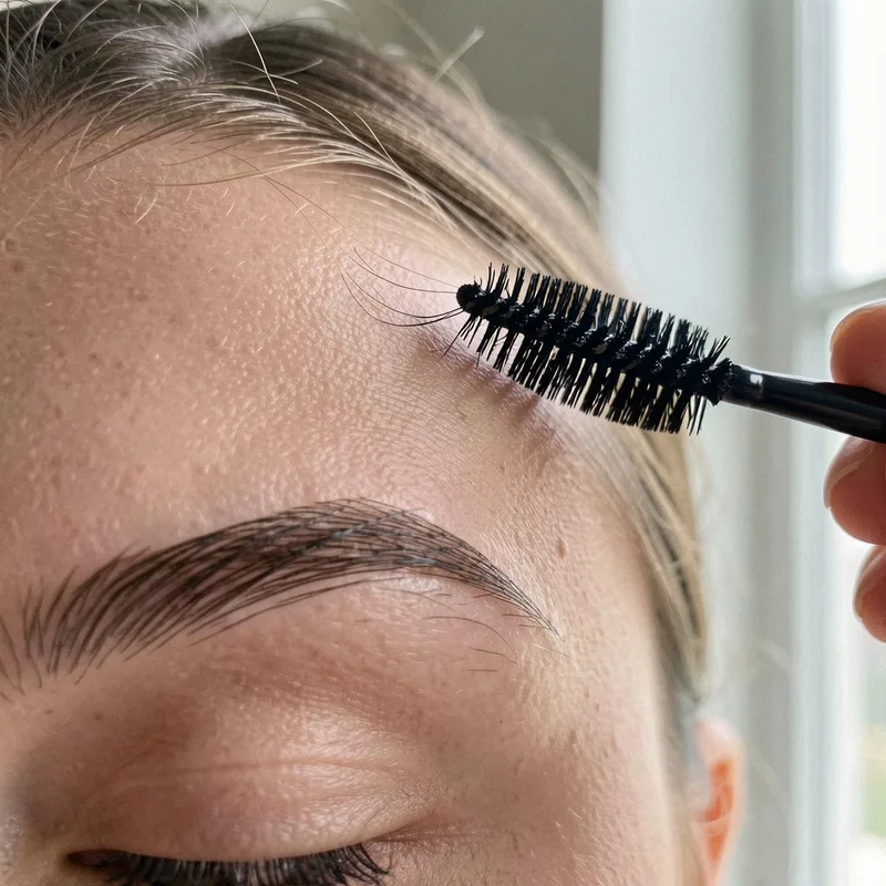 Sourcils brossés vers le haut et disciplinés au gel, lumière naturelle, cadrage rapproché sur l&rsquo;arcade
