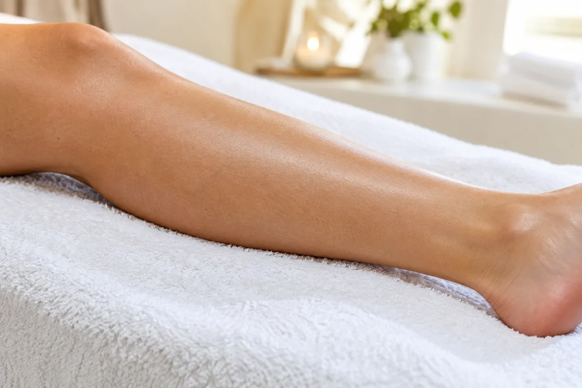 Jambe à la peau lisse allongée sur une serviette éponge blanche en cabine d&rsquo;épilation