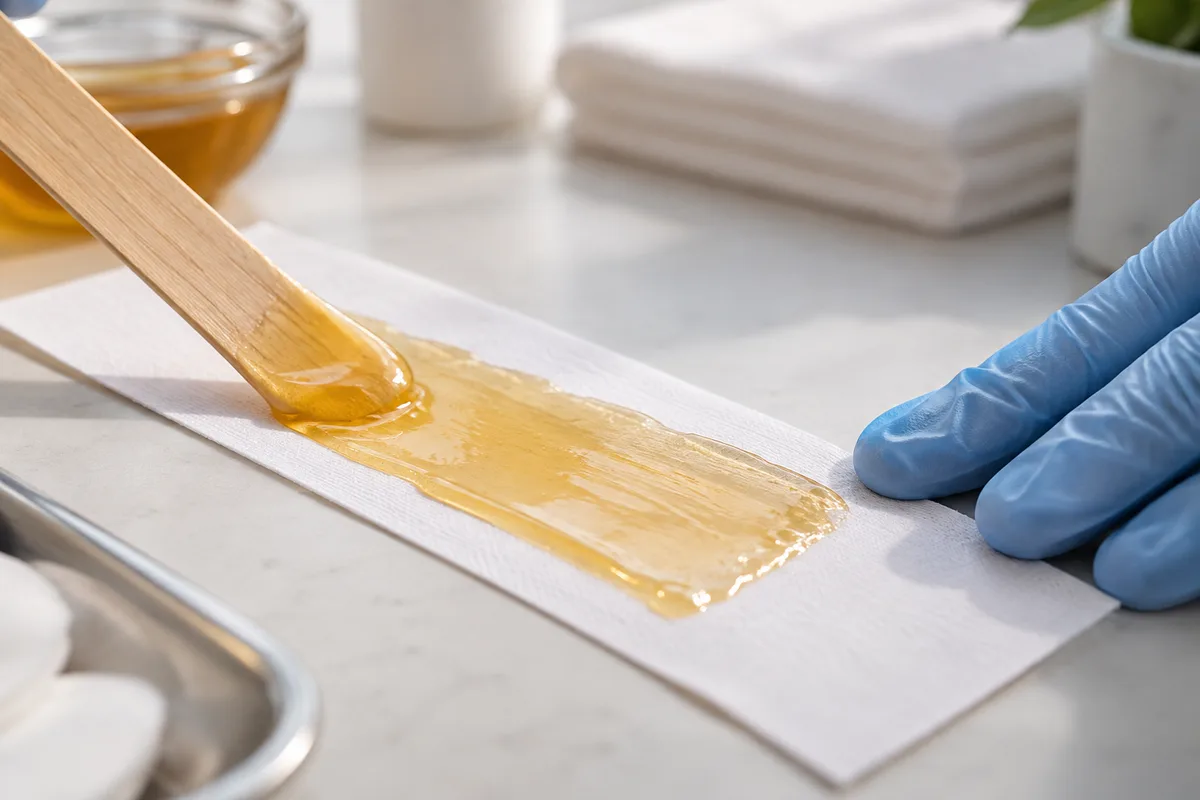 Spatule en bois étalant une cire couleur miel sur une bande de tissu blanche en cabine