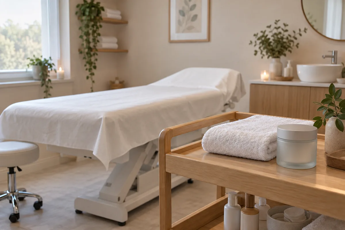 Table de soin couverte de papier blanc, serviette pliée et pot de lotion apaisante sur un chariot