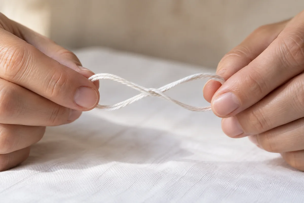 Fil de coton blanc torsadé tendu entre deux mains pour une épilation au fil