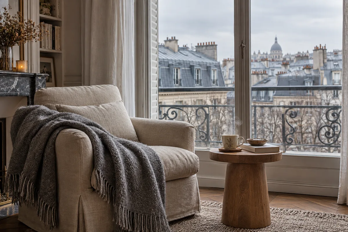 Fenêtre d&rsquo;un appartement parisien en hiver, plaid posé sur un fauteuil