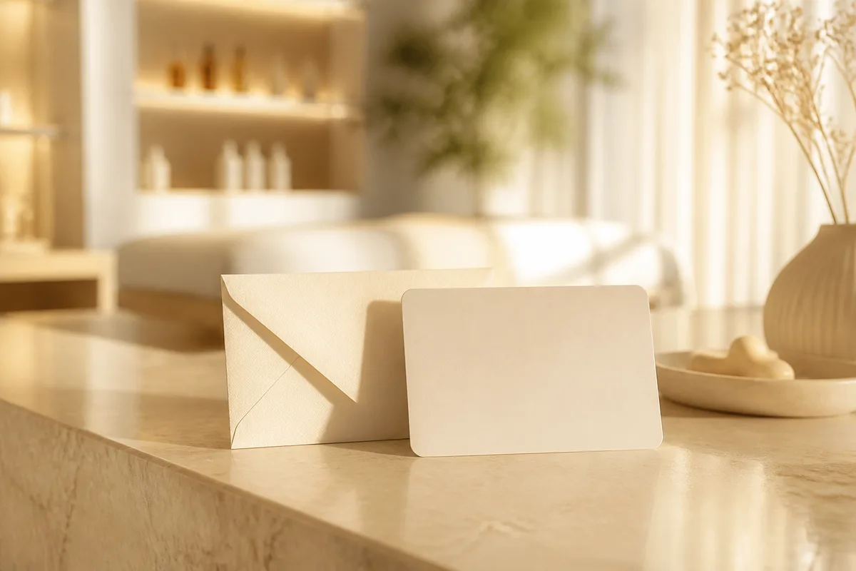 Carte cadeau beauté posée sur un comptoir d&rsquo;institut avec son enveloppe