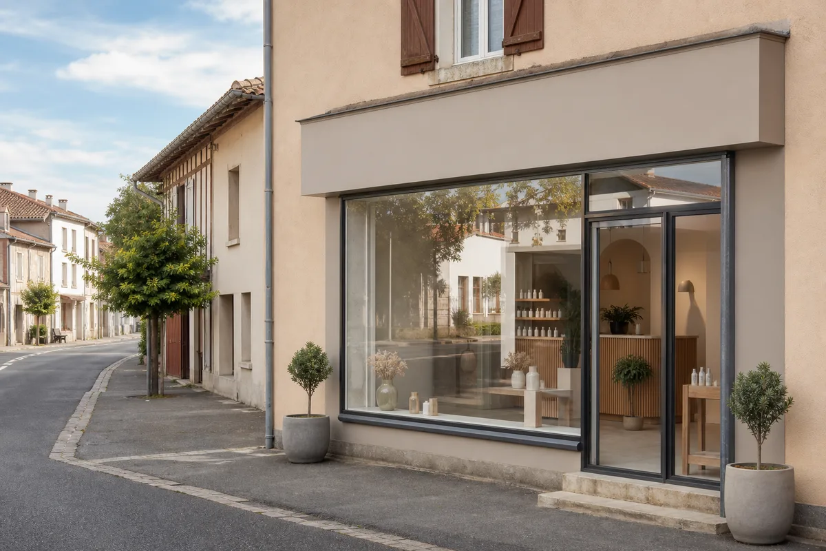 Vitrine d&rsquo;un institut de beauté dans une rue de bourg landais