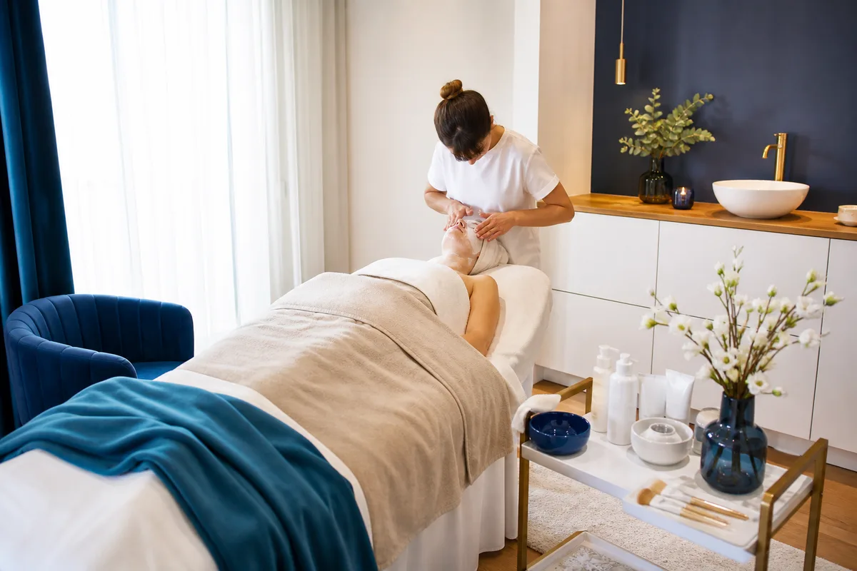 Démaquillage du visage à la cabine, application d&rsquo;une émulsion nettoyante
