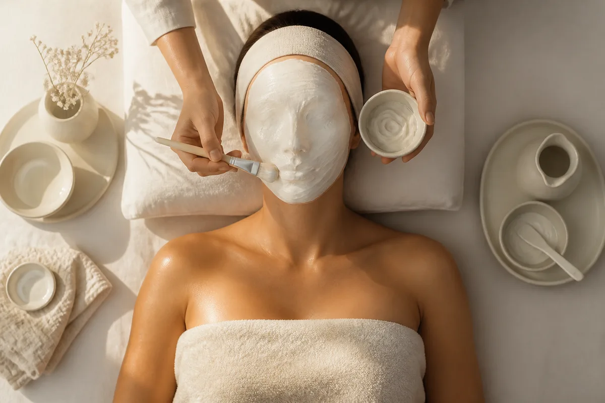 Pose d&rsquo;un masque crème sur le visage pendant un soin en institut