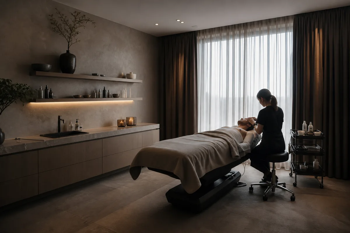 Soin du visage masculin en cabine, application d&rsquo;un produit sur le front